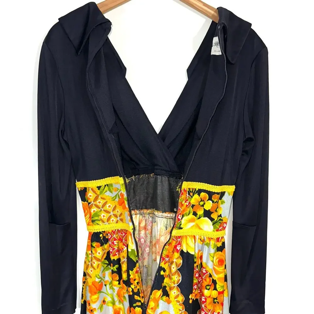 Vintage Julie Miller California 70s Long Sleeve Floral Black Orange Maxi Dress